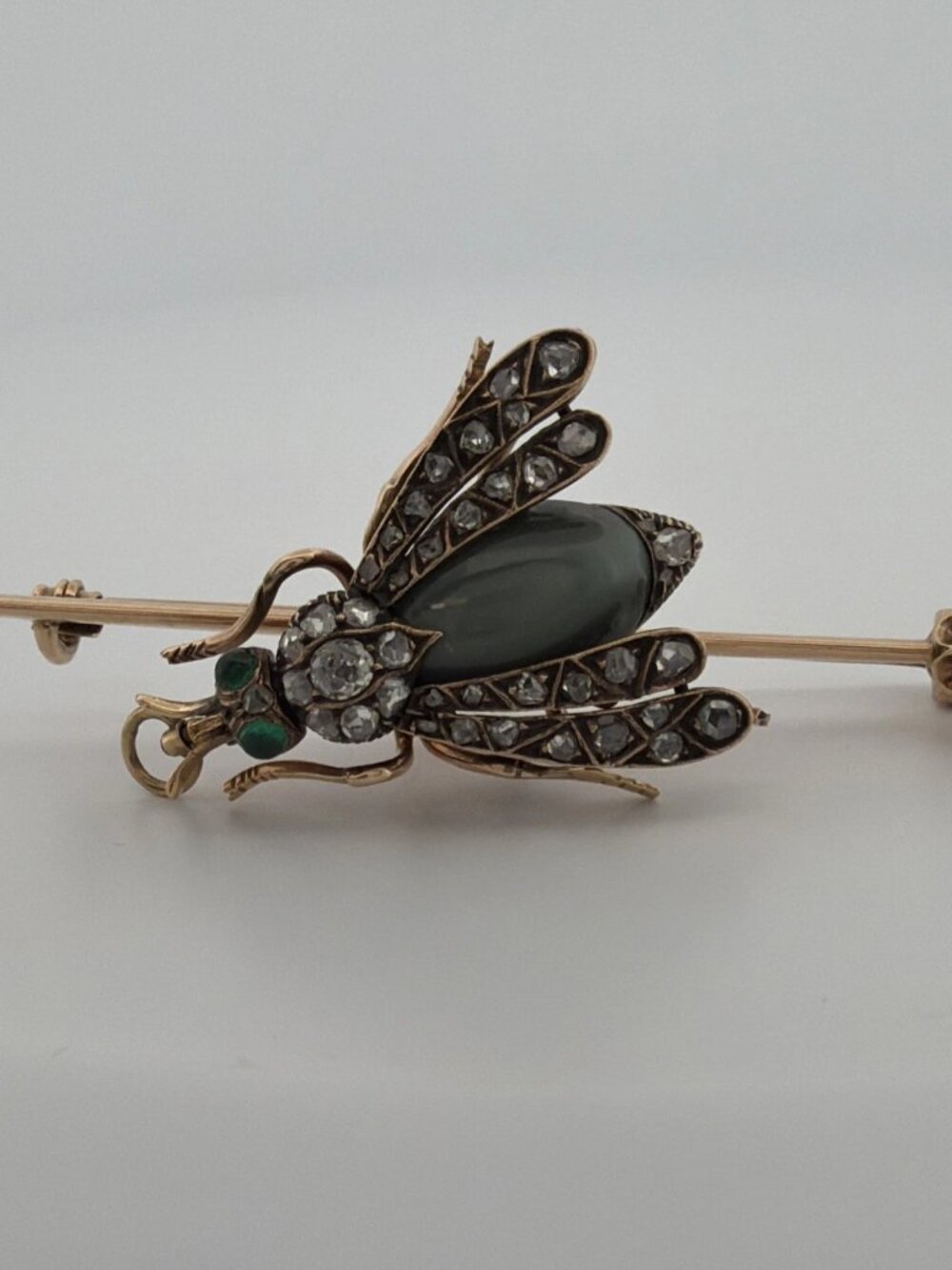 Antique Victorian Bee Brooch 14K Gold & Silver Diamond Emerald Cats Eye Quartz - Picture 1 of 13